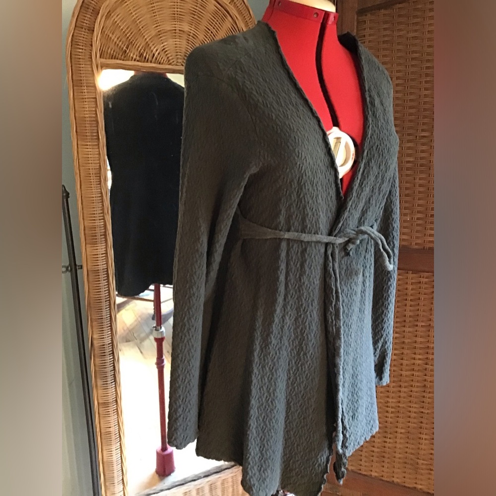 FLAX  Cozy, tie front open cardigan  Olive green/brown size small warm and comfy